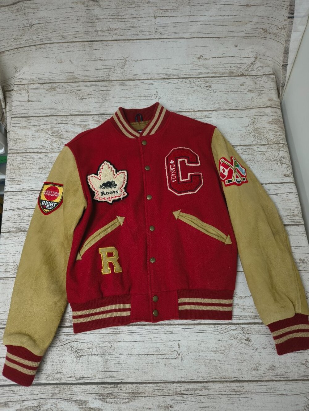 Roots Canada Red Wool Leather Varsity Jacket Made in Canada Size L/G